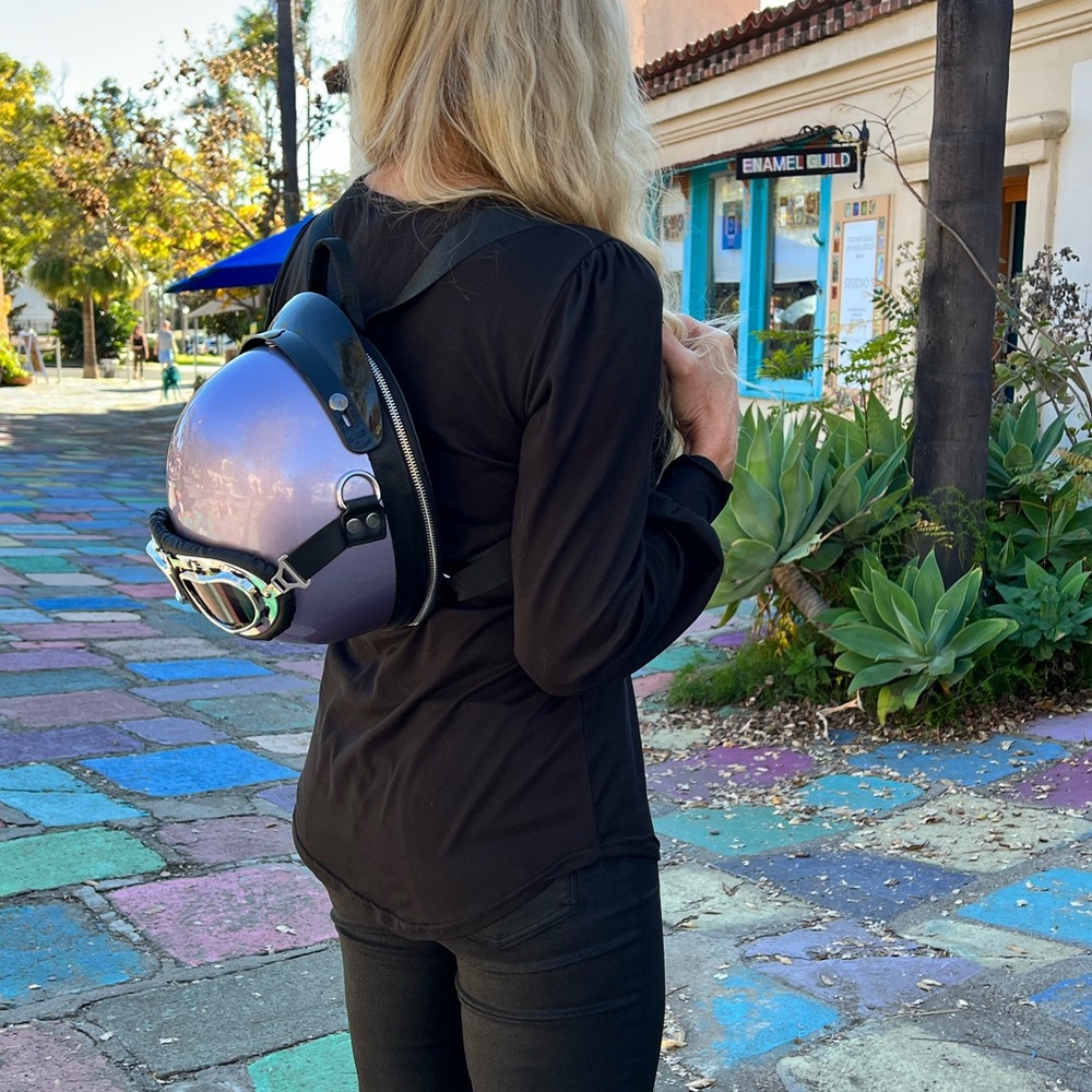 Purple Lavender Metallic Motorcycle Helmet Backpack Crossbody Shoulder Bag Purse - Picture 3 of 13